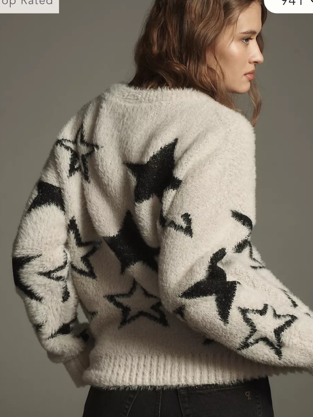 Pilcro  Pattered Eyelash Sweaters “Stars” detail L Ecru/Black - Picture 4 of 8